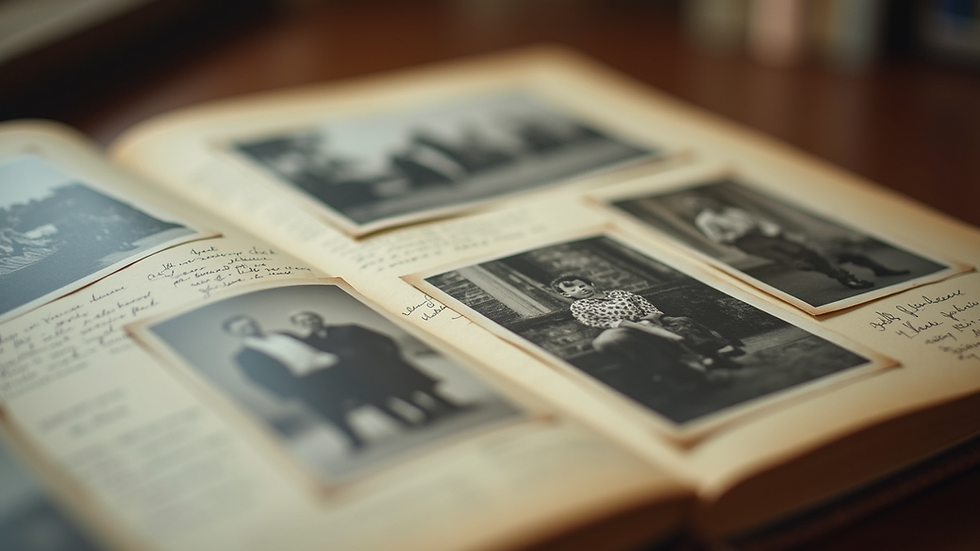 Close-up view of an old family photo album with handwritten notes