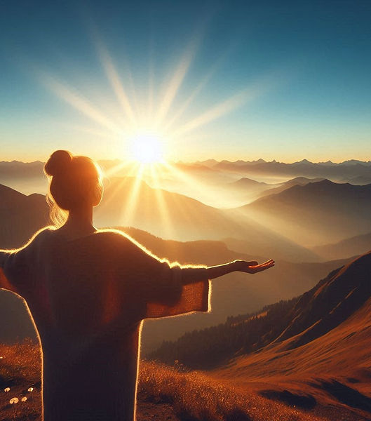 Photo d'une femme debout de dos en haut d'une montagne , les bras écartés et qui regarde