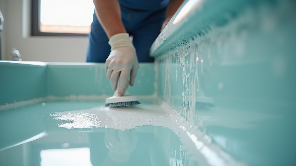 Eye-level view of a technician applying refinishing coating to a bathtub