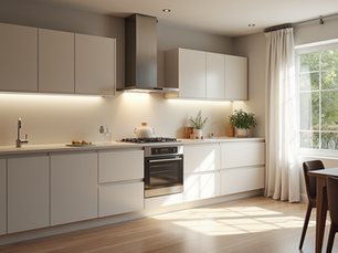 High angle view of strikingly refinished kitchen cabinets