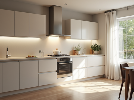 High angle view of strikingly refinished kitchen cabinets