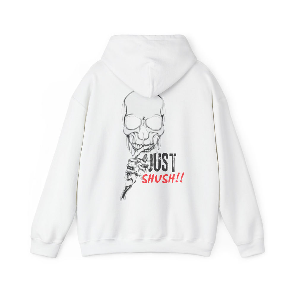 White hoodie, skull graphic, "Just Survive" text