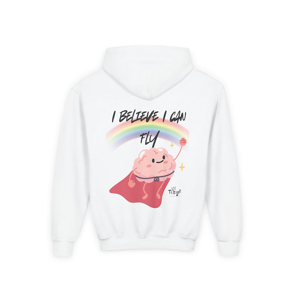 White hoodie with 'I believe I can fly' design