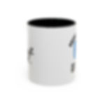 White mug with black interior and logo