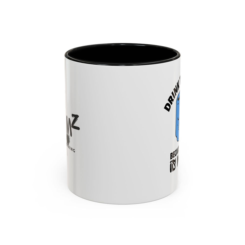 White mug with black interior and logo