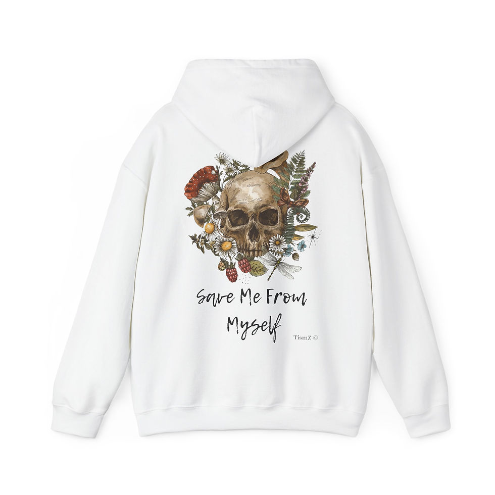 White hoodie featuring skull graphic and "Save Me From Myself" text