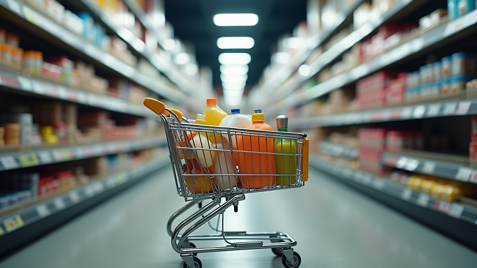 Eye-level view of a shopping cart filled with various products