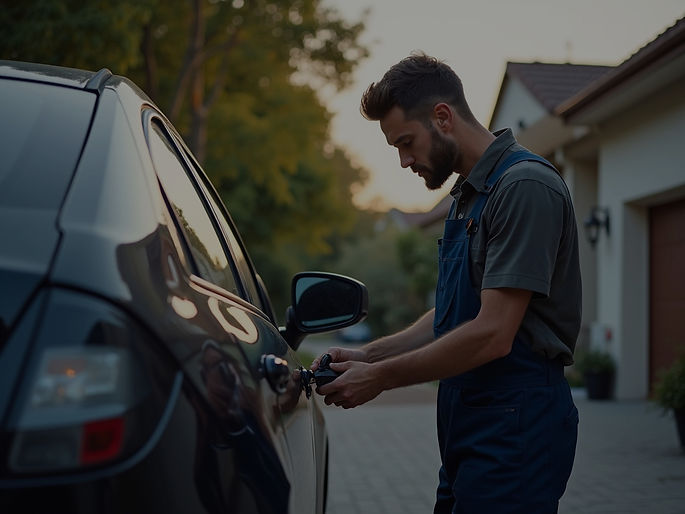 A skilled mechanic working on a car in a residential driveway, highlighting convenience_ed