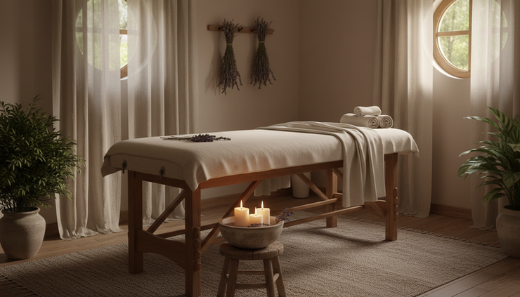 Eye-level view of a calm therapy room with a massage table, candles and natural fabrics.