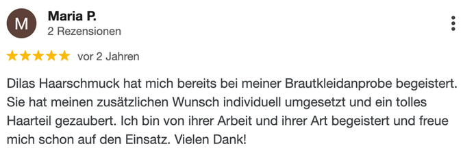 Dilas Haarschmuck hat mich bereits bei meiner Brautkleidanprobe begeistert.
Sie hat meinen zusätzlichen Wunsch individuell umgesetzt und ein tolles Haarteil gezaubert. Ich bin von ihrer Arbeit und ihrer Art begeistert und freue mich schon auf den Einsatz. Vielen Dank!