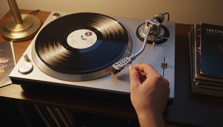 Overhead view of a hand adjusting a turntable counterweight beside a record.