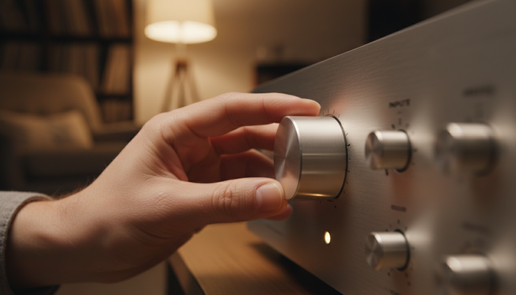 Close-up of a hand adjusting the volume knob on a warm Class A amplifier.