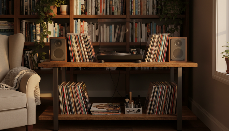 Wide-angle view of a turntable with records and speakers in a home listening corner.