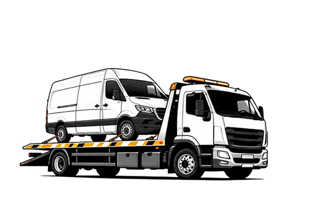 White tow truck carrying a white cargo van
