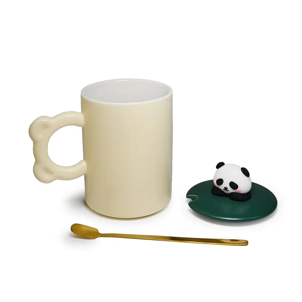 Thumbnail: Panda Mug with Lid & Spoon – Lotus Painting (14oz)