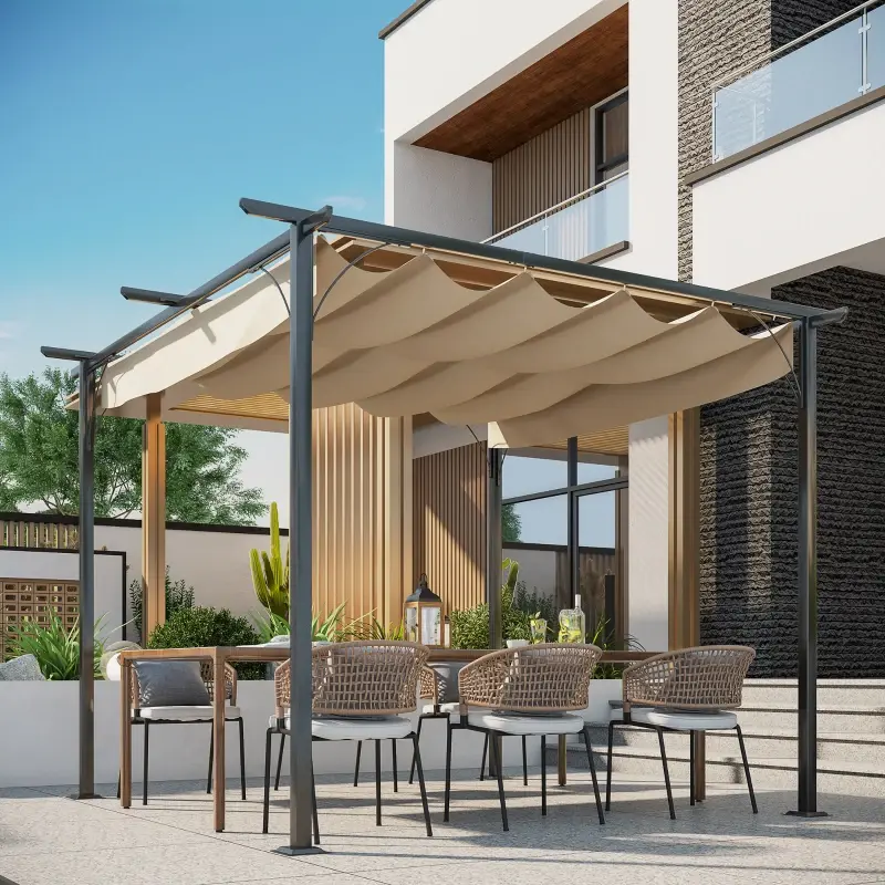 Outsunny 3 x 3(m) Metal Pergola with Retractable Roof, Beige