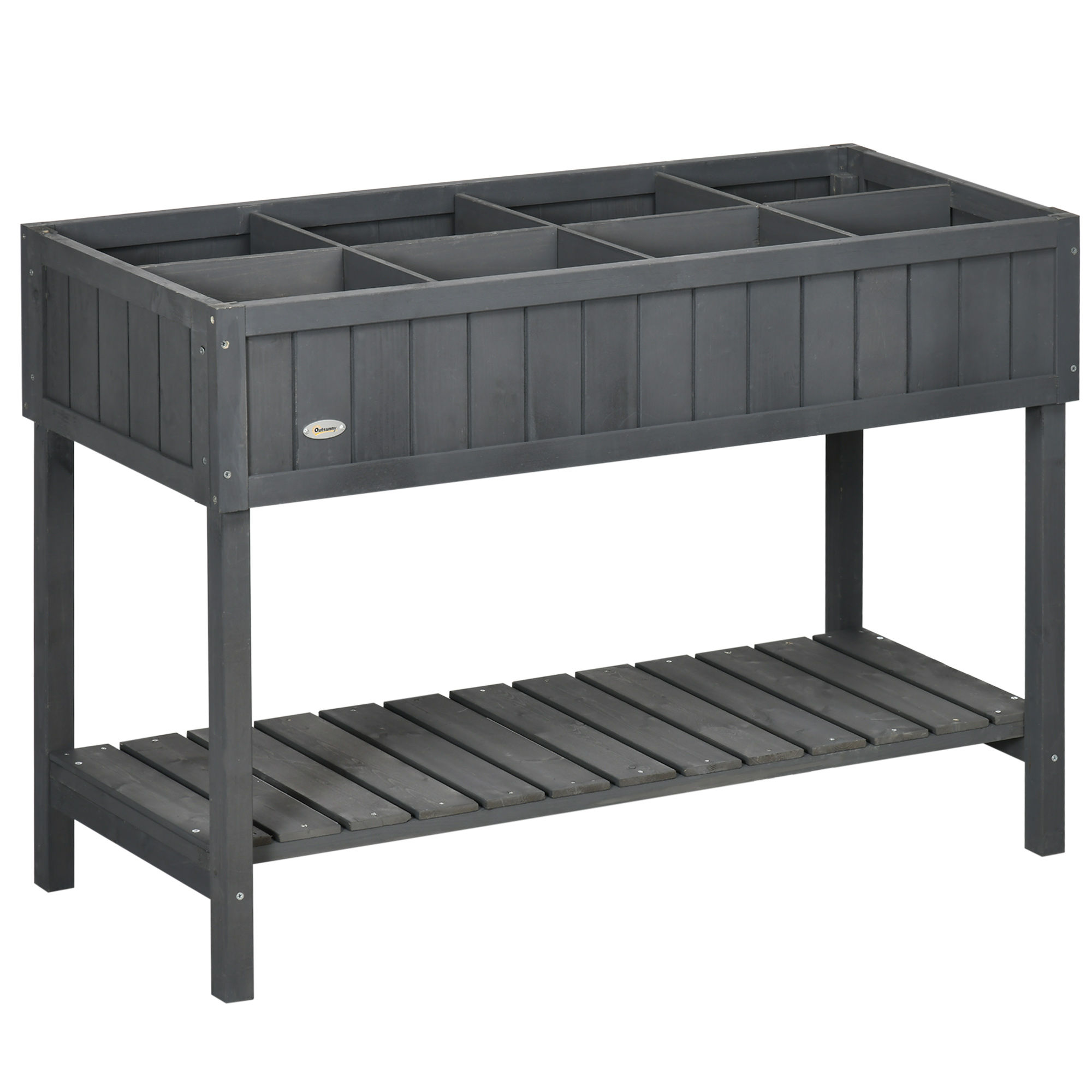 Outsunny Fir Wood Raised Rectangular 8 Compartment Plant Stand Dark Grey