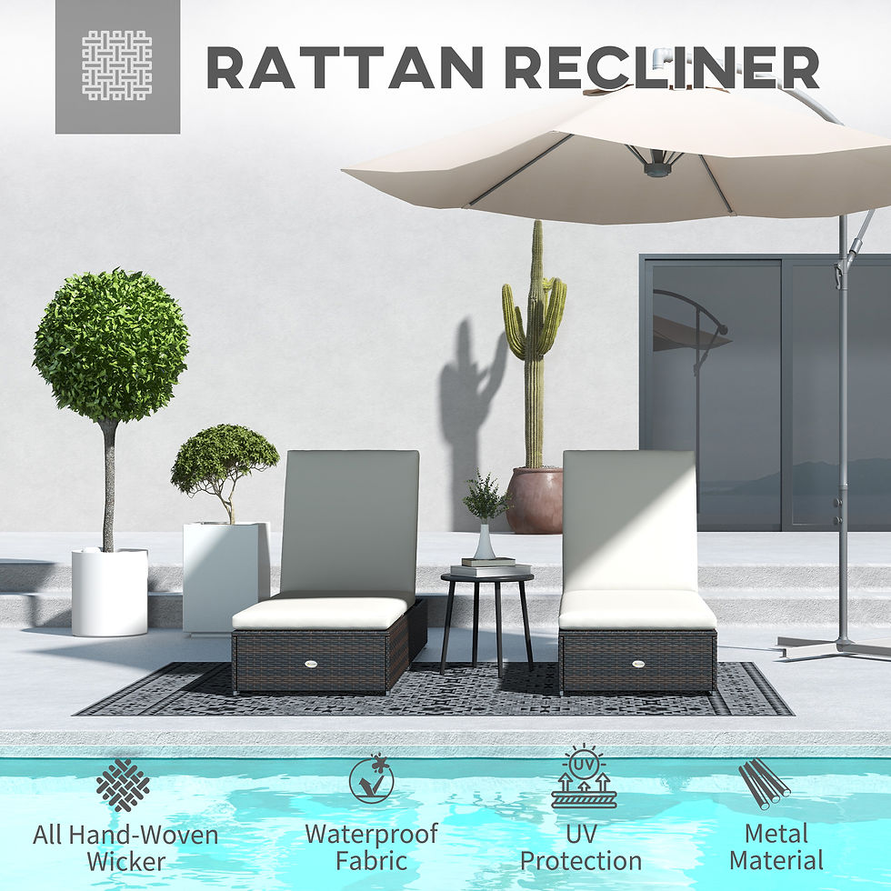 Thumbnail: Set of Two Rattan Sun Loungers, with Reclining Backs - Brown/Cream