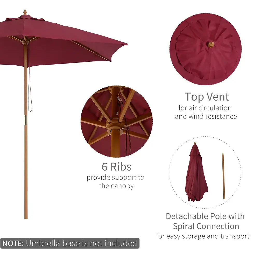 Thumbnail: Outsunny Wine Red Wooden Garden Parasol Sun Shade Patio Outdoor Umbrella Canopy