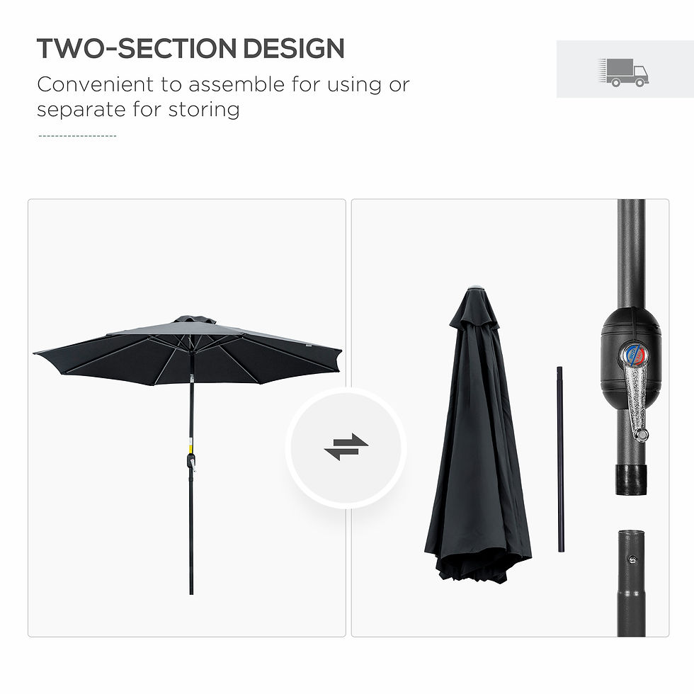 Thumbnail: 3(m) Tilting Parasol Garden Umbrellas, Outdoor Sun Shade with 8 Ribs, Tilt and C