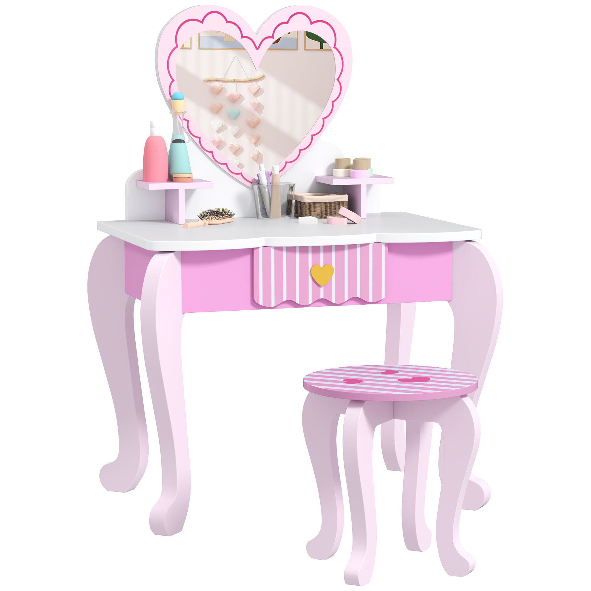 AIYAPLAY Kids Dressing Table Set, Vanity Table with Stool, Mirror, Drawer,