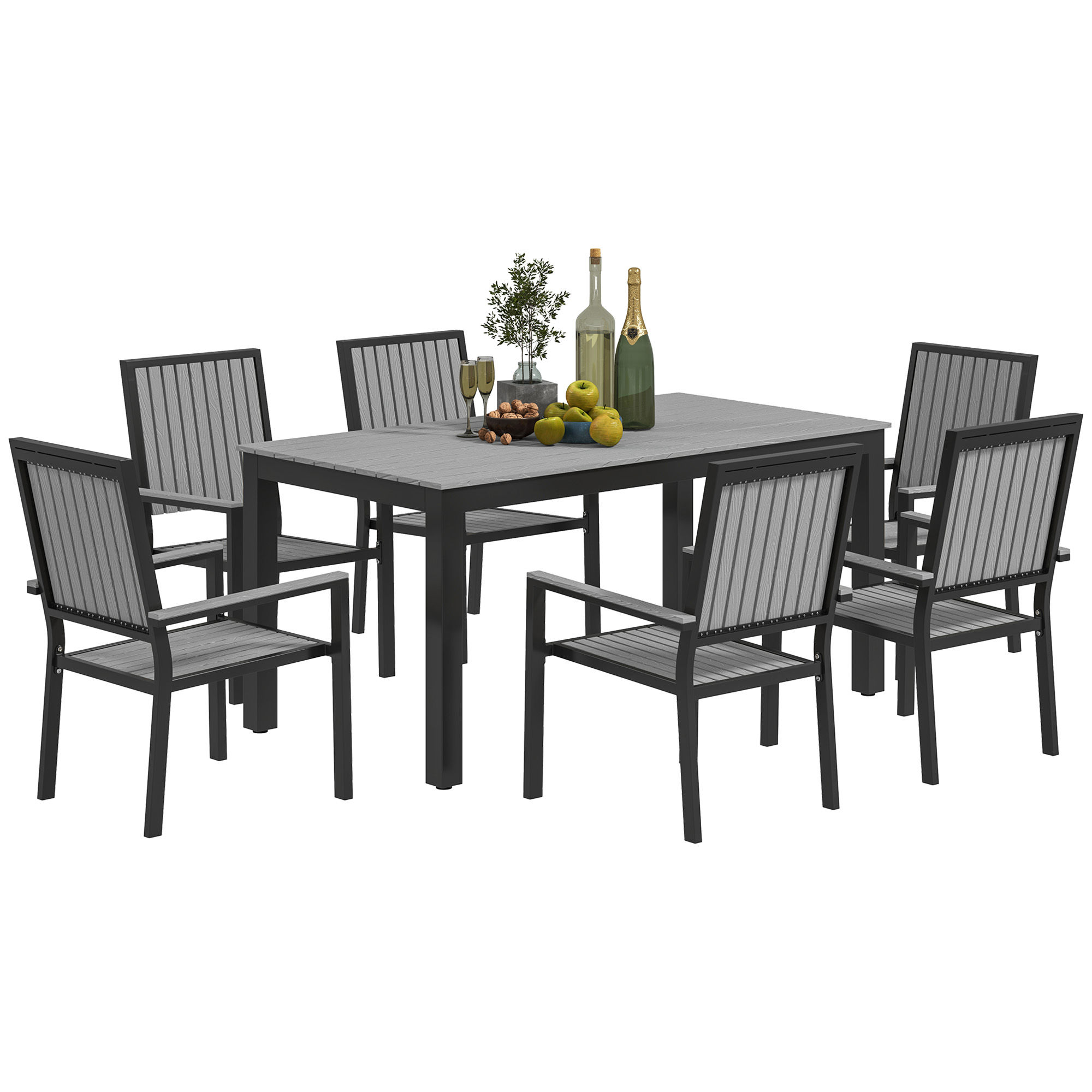 6 Seater Garden Dining Set with Stackable Chairs, Aluminium Frame, Rectangular P