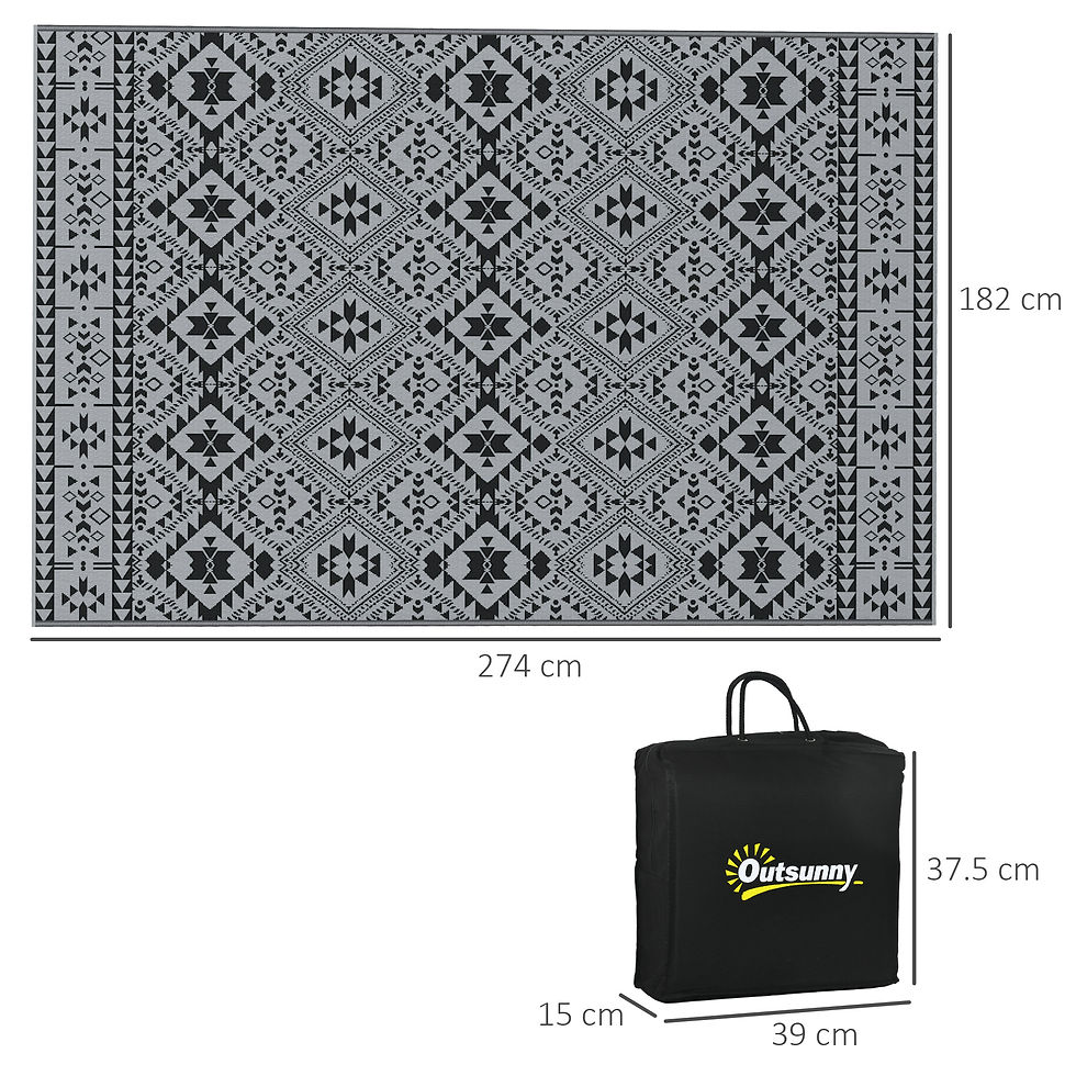 Thumbnail: 182 x 274cm Reversible Patterned Outdoor Rug, with Bag - Black/Grey