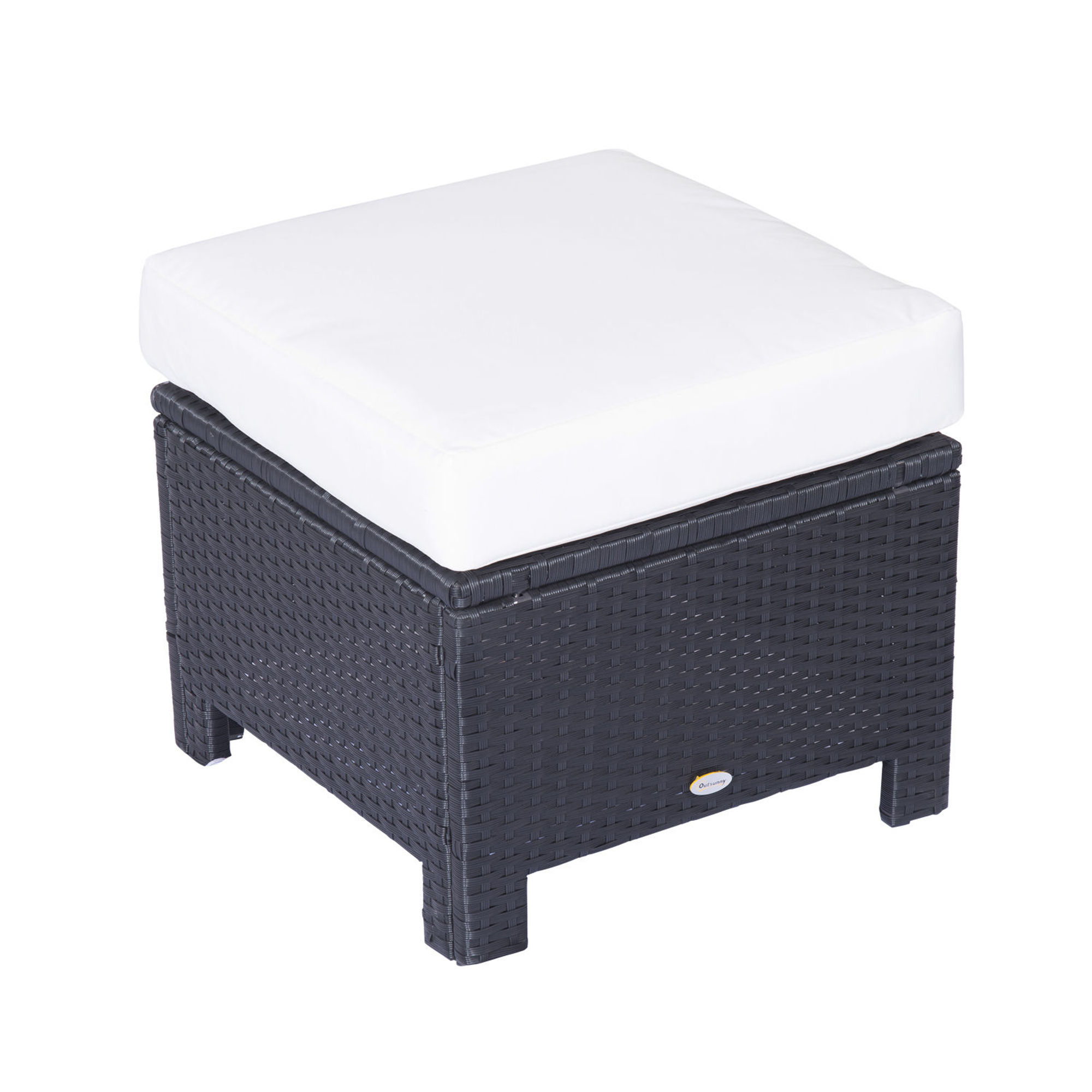 Rattan Footstool Wicker Ottoman with Padded Seat Cushion Outdoor Patio Furniture