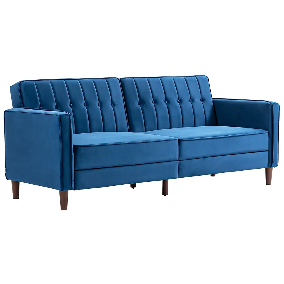 Affordable Blue Velvet Three-Seater Convertible Sofa Bed: Modern and practical furniture.
