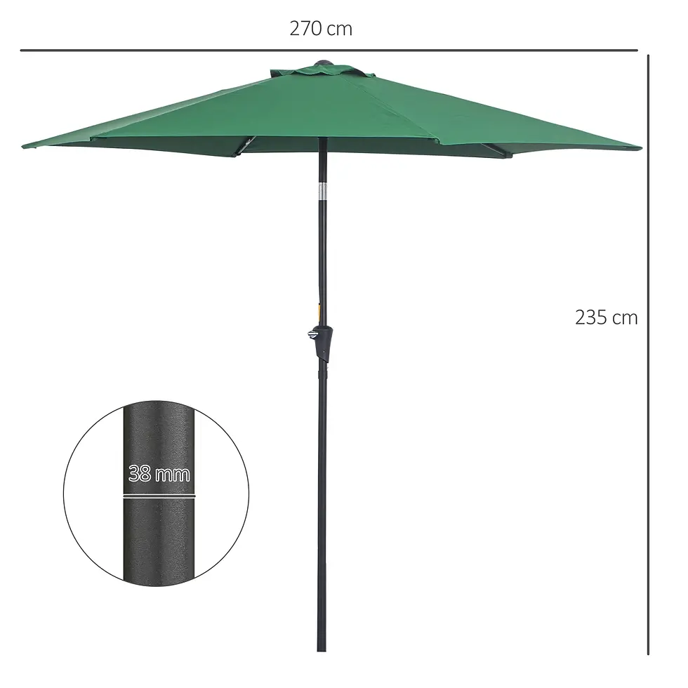 Outdoor Umbrella - Outsunny - 2.6M - Green - Tilt/Crank - Sun Parasol