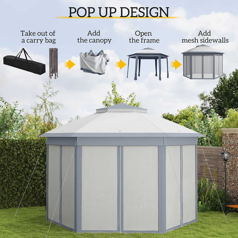 Thumbnail: 3 x 4m Metal Frame Hexagon Gazebo, with Curtains - Grey