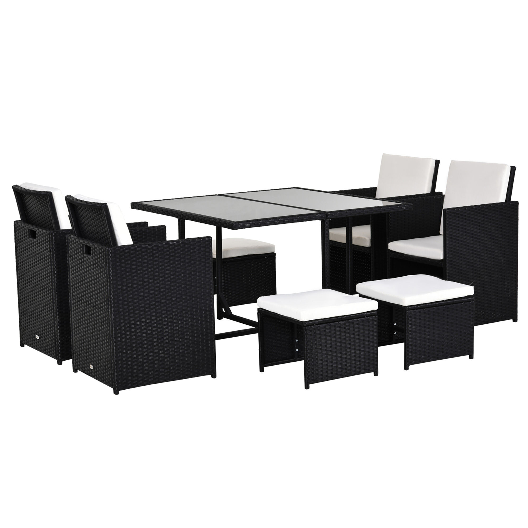 9 Piece Rattan Cube Garden Furniture Dining Set with Armchairs, Footstools and G