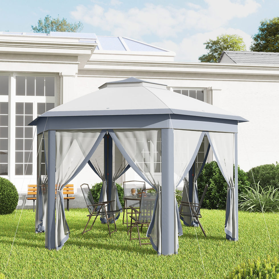 Thumbnail: 3 x 4m Metal Frame Hexagon Gazebo, with Curtains - Grey