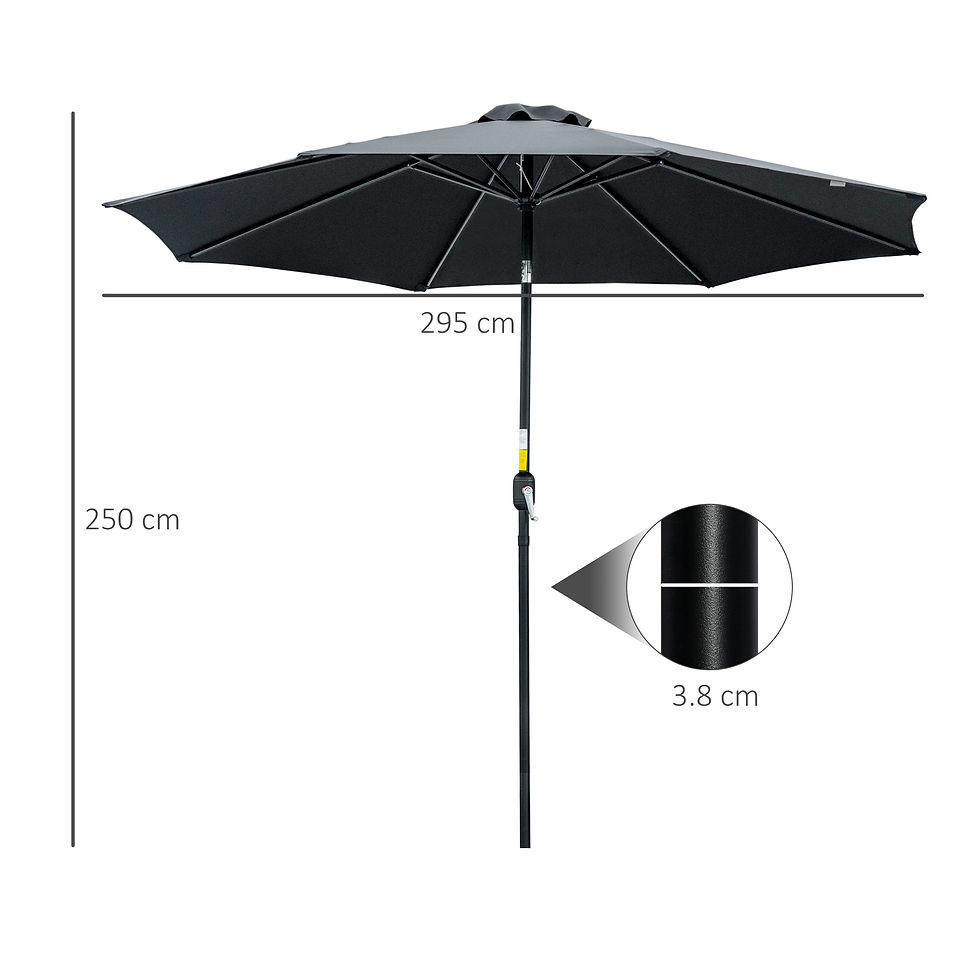 Thumbnail: 3(m) Tilting Parasol Garden Umbrellas, Outdoor Sun Shade with 8 Ribs, Tilt and C