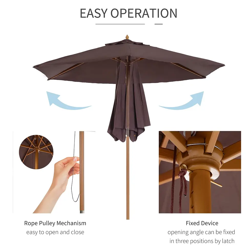 Thumbnail: Outsunny Coffee 2.5m Garden Parasol Sun Shade Patio Outdoor Wood Umbrella Canopy