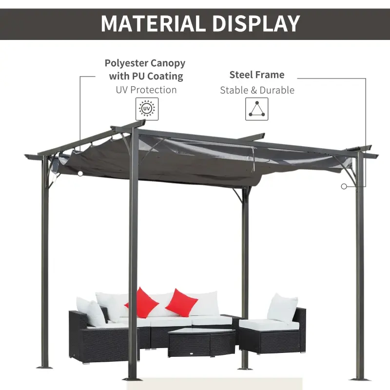 Thumbnail: Outsunny Grey Steel Powder Coated Pergola 3M x 3M with Retractable Roof
