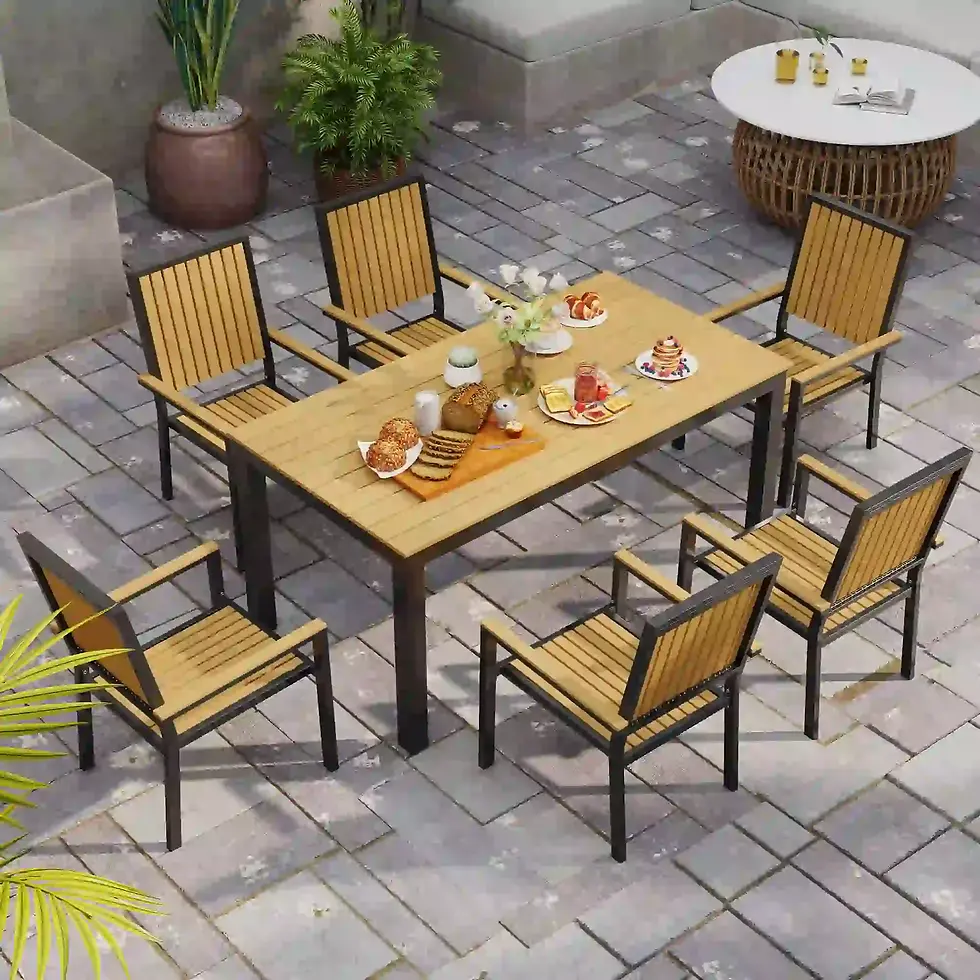 Thumbnail: Modern Dining Set w/ Table & 6 Chairs - Black Metal & Wooden Surfaces