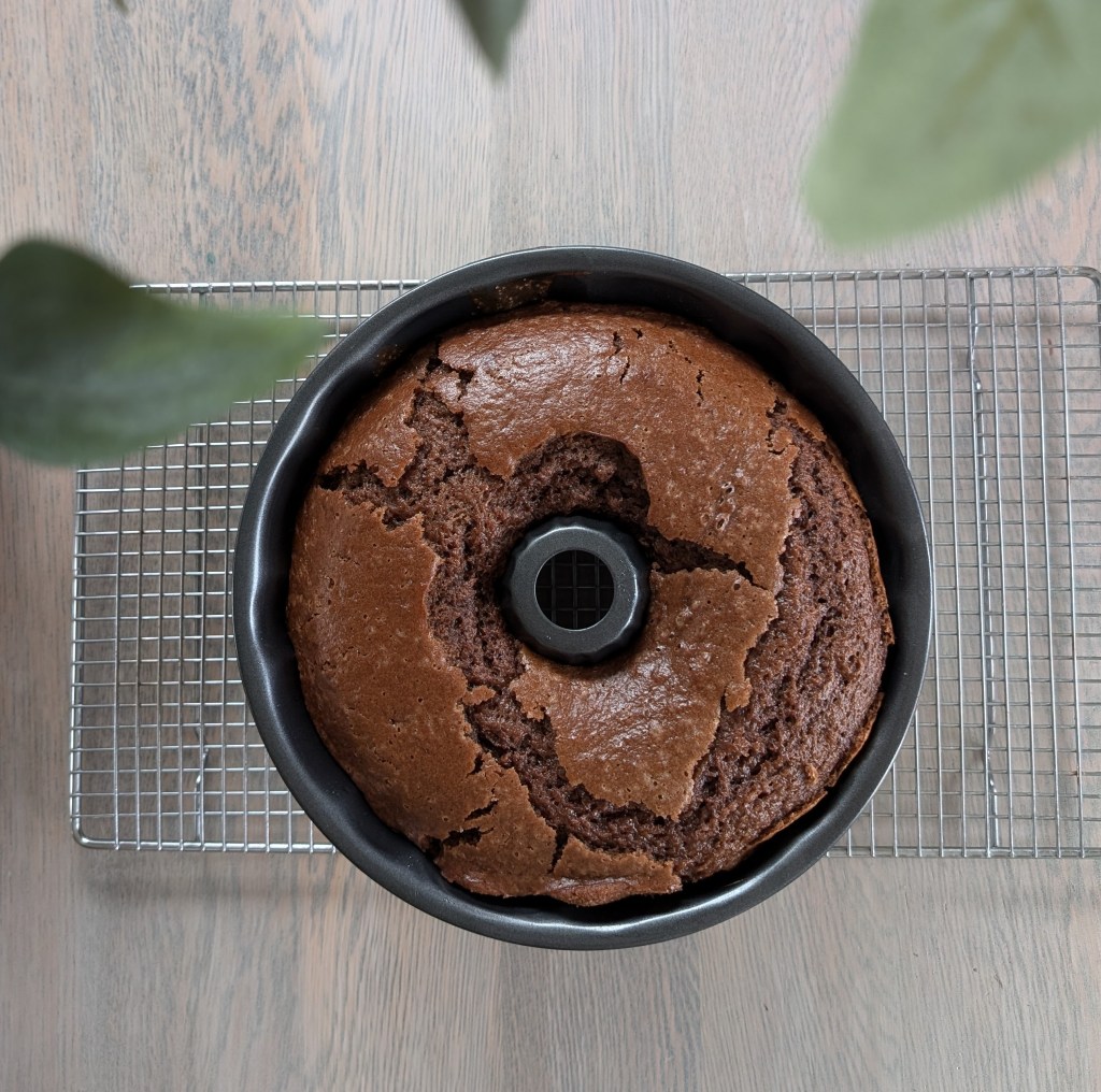 Chocolate Bundt cake cooling on a wire rack, set on a wooden table. Green leaves partially frame the image, adding a fresh touch.