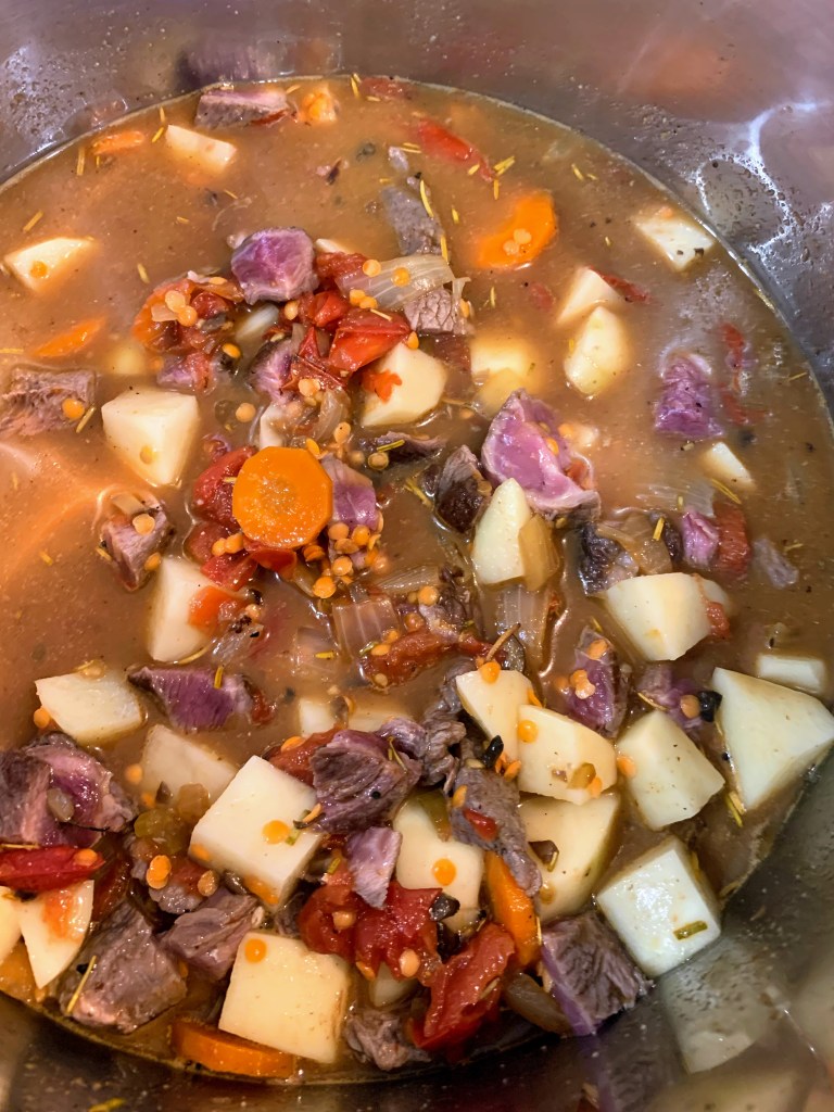 Stew with beef, potatoes, carrots, and tomatoes in a pot. Rich brown broth and vibrant colors create a hearty, comforting mood.