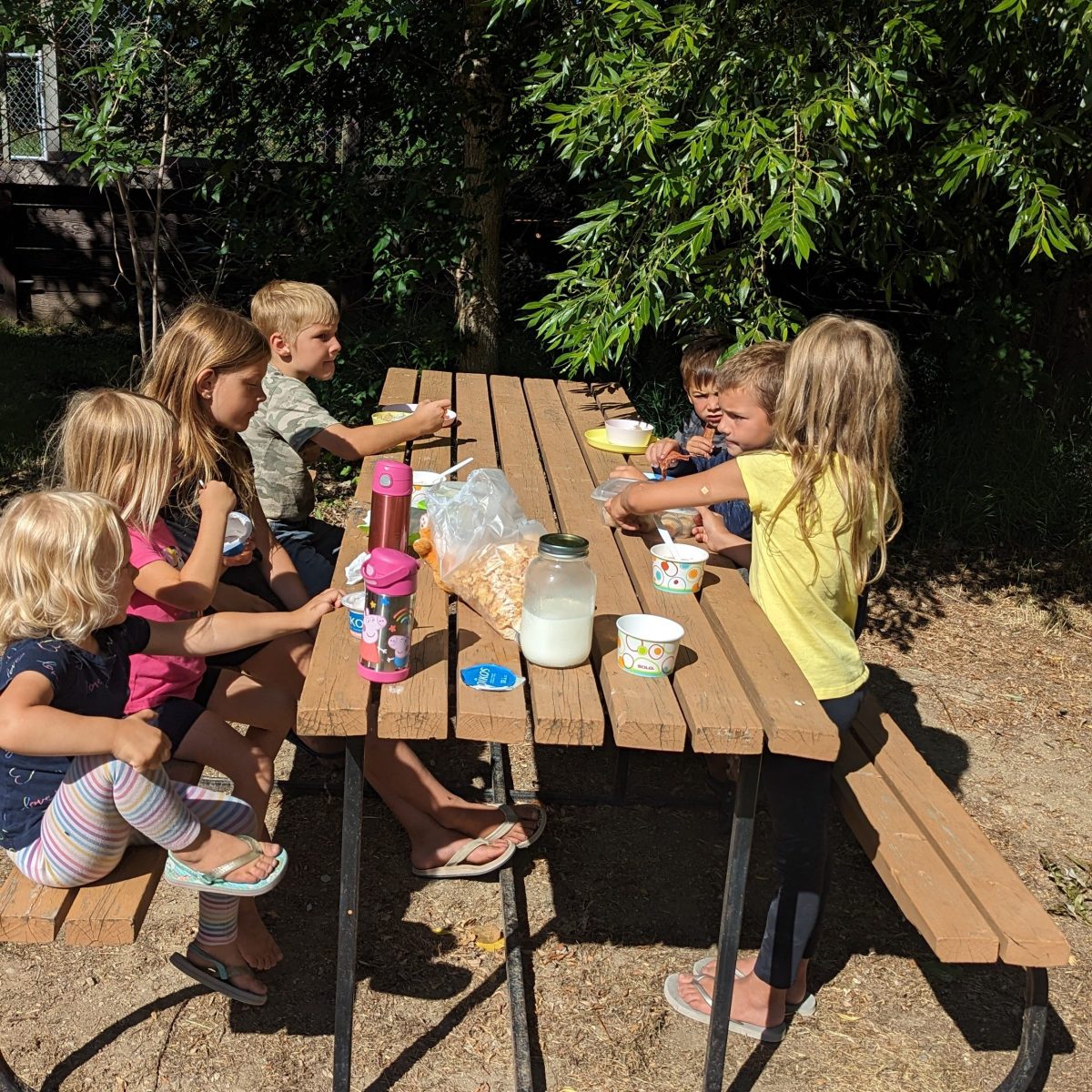Children sit at a wooden picnic table eating cereal with milk in a sunny, leafy outdoor setting. Bright clothing and relaxed mood.
