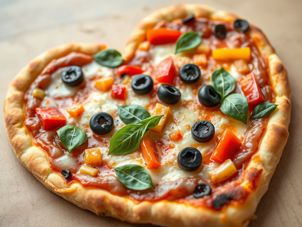 Heart-shaped pizza with olives, basil, red and yellow bell peppers on a wooden surface. Bright, colorful toppings create a vibrant mood.