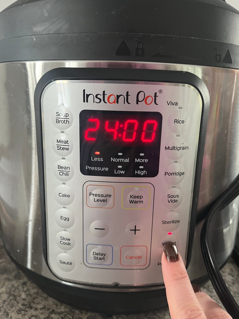 Finger pressing "Sterilize" on an Instant Pot panel with red "24:00" display. Stainless steel appliance on a gray countertop.