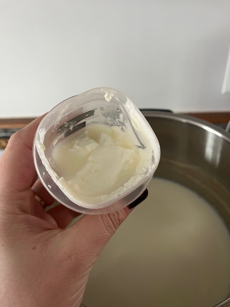 Hand holding a small cup of yogurt with a stainless steel pot in the background. The setting suggests a kitchen. Neutral colors.