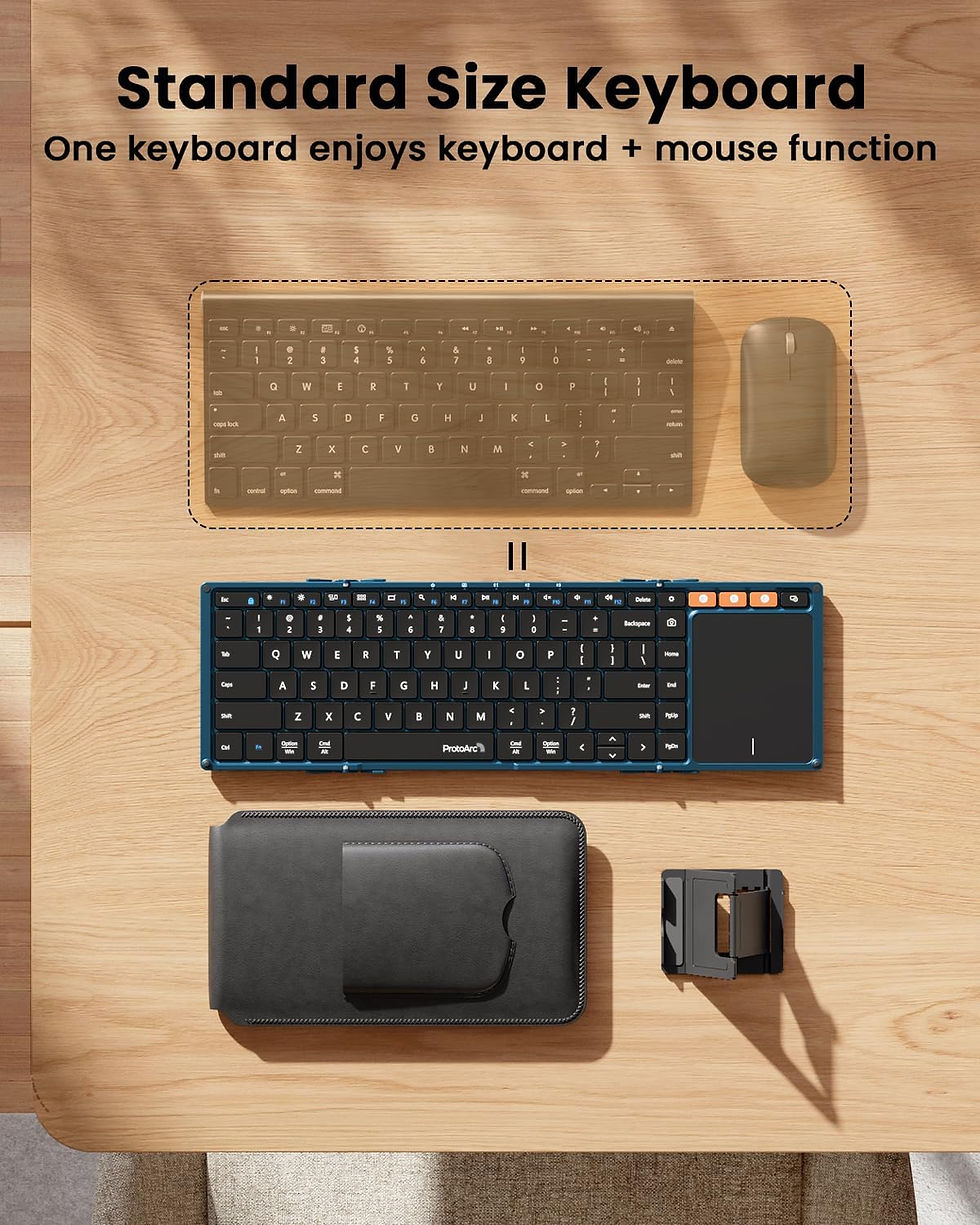Thumbnail: A ProtoArc foldable Bluetooth keyboard with built-in touchpad, shown unfolded with a tablet, folding into thirds, and stored