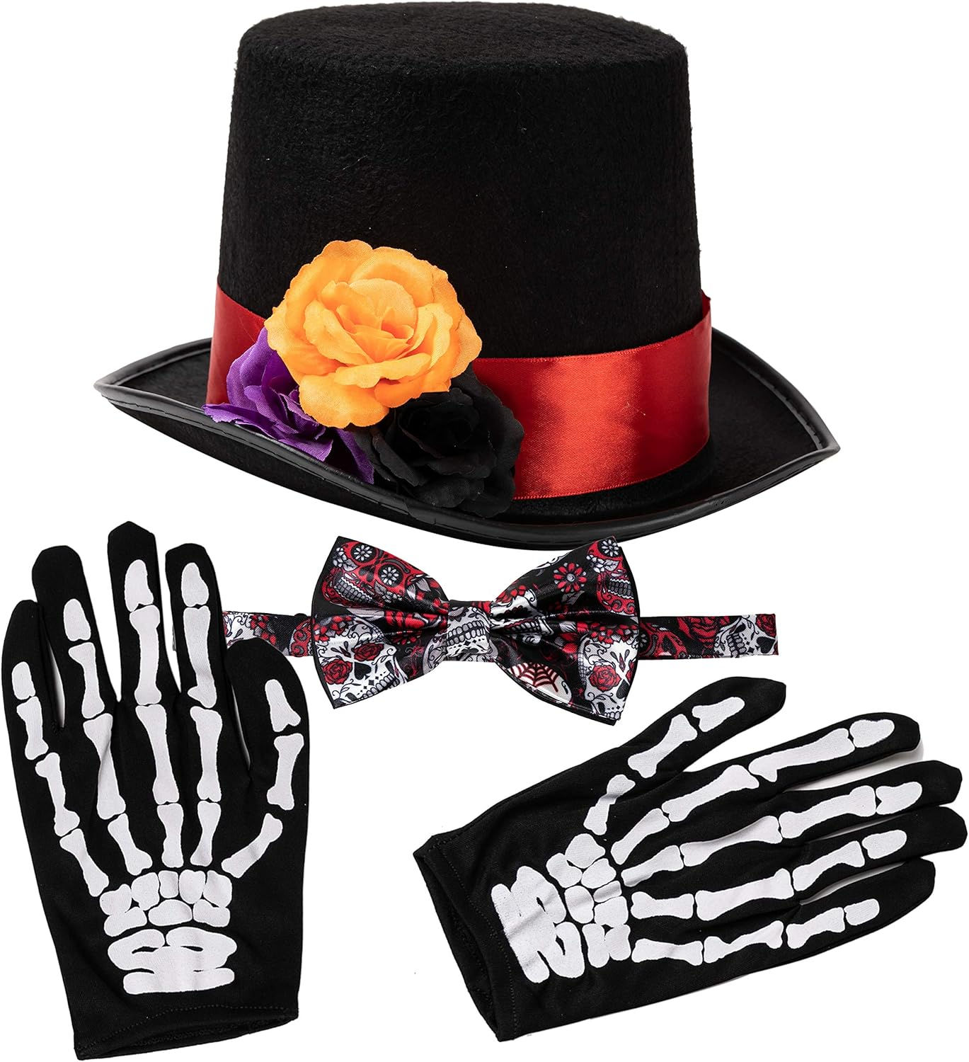 A Day of the Dead Halloween Costume Accessory Set featuring a black top hat with colorful flowers and a red band, skeleton gl