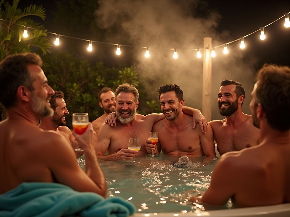 A group of gay men laughing together in a hot tub at night, holding drinks, under string lights in a tropical setting.