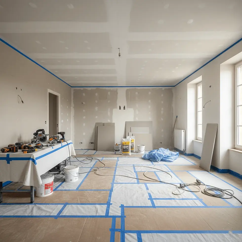 Chantier de rénovation salon à Valserhône 01200 – protection des sols et traçages