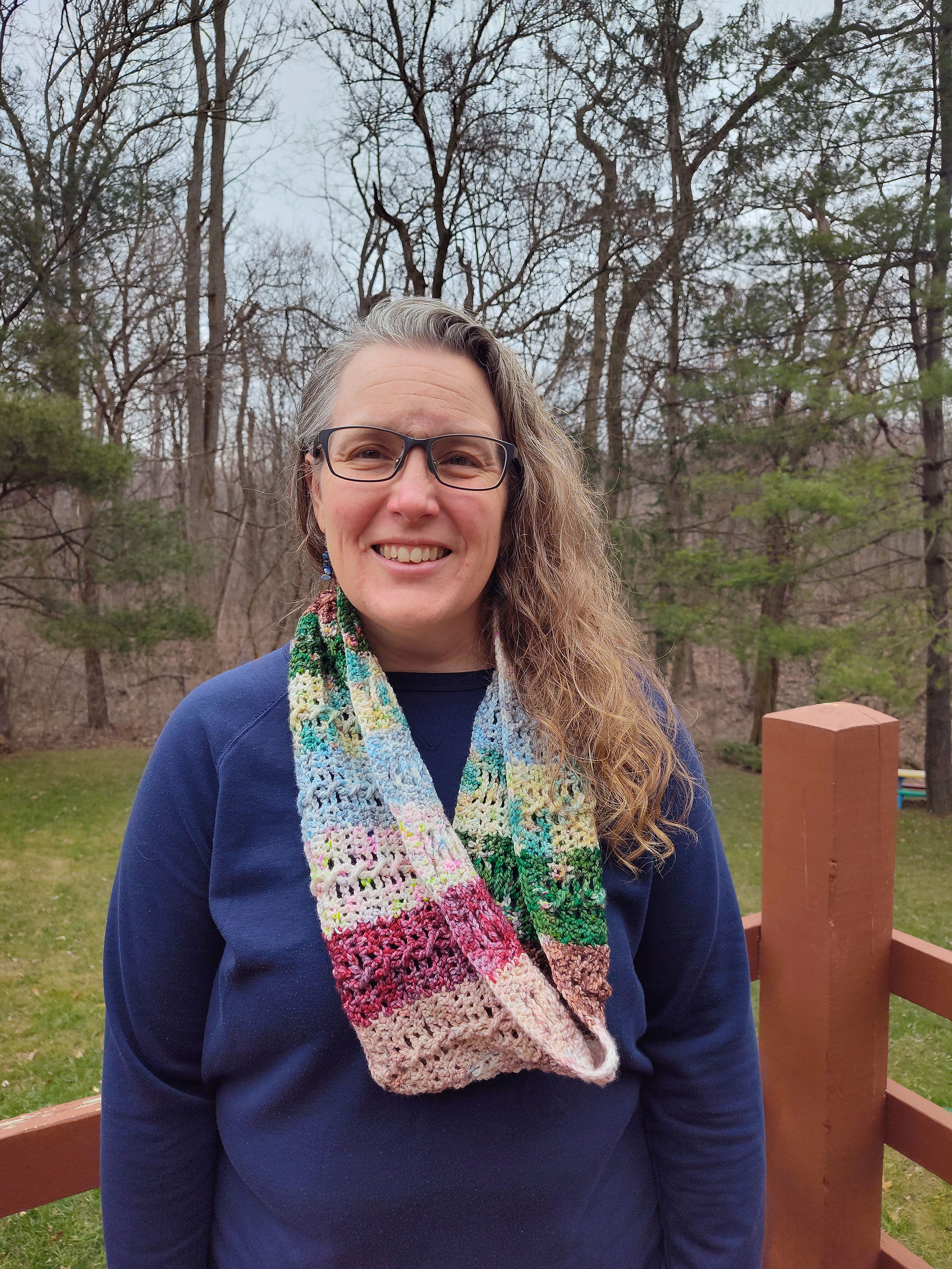 Mulitcolored striped cowl crocheted by Allison as part of The One with all the Colors pattern test