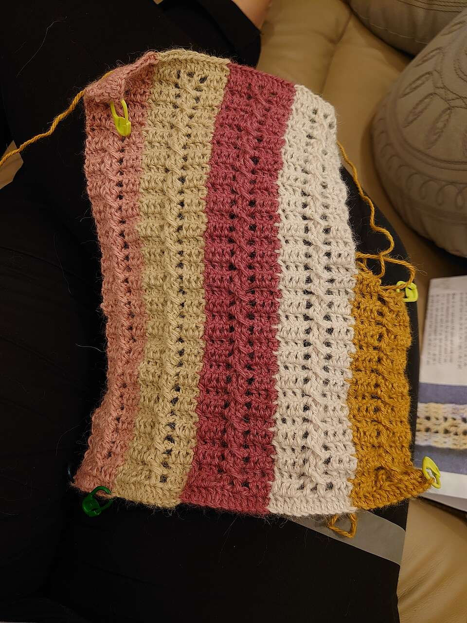 Pink, cream, and gold swatch crocheted by Keinaphels as part of The One with all the Colors crochet cowl pattern test