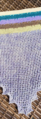Cecily Cowl with triangle in dusty blue and cowl section in stripes of cream, brown, and shades of blue.
